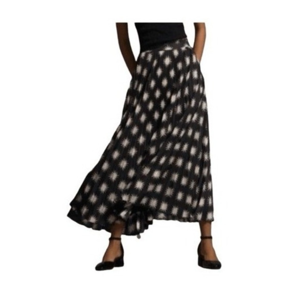 Anthropologie The Isobel Silky‎ Pleated Maxi Skirt Black Pink Floral Star Bursts